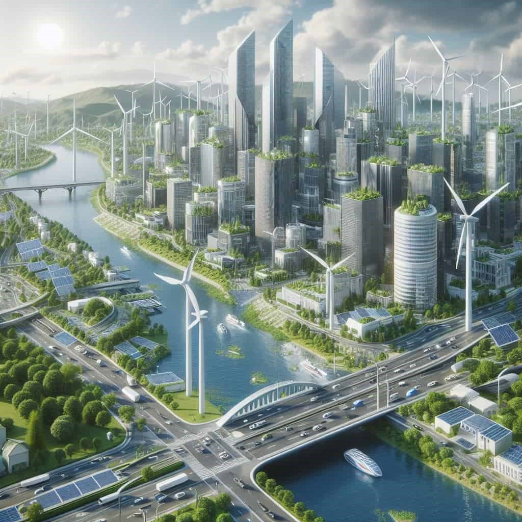 tendencias energía 2024 en ciudad futurística sostenible ecológica